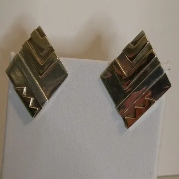Rare Vintage M&J Savitt 14k Gold And Sterling Silver Earrings Modernist Abstract - Picture 3 of 7
